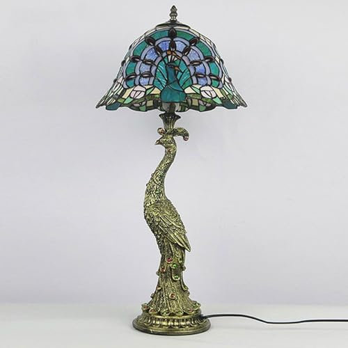 BOTOWI 12-Zoll-Pfauenlampe Tiffany-Stil Pfauen-Tischlampe Vintage-Buntglas-Schreibtischleuchte mit Pfauensockel für Wohnzimmer Schlafzimmer Nachttisch Arbeitszimmer Lesebeleuchtung,A