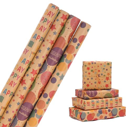 HBell 4 Roll Birthday Wrapping Paper, Dots Star Kraft Gift Wrap Paper, 43cm x 3M, Perfect for Birthday, Baby Shower, Party