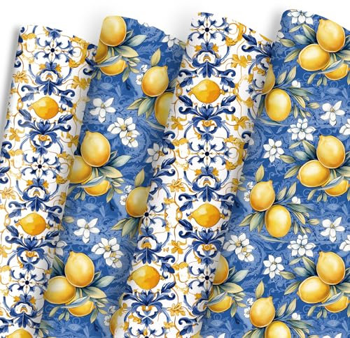 Dtiafu Zitronen-Geschenkpapier, marokkanisches Geschenkpapier, blau, gelb, Frühlingsdesigns für Frauen, Mädchen, Hochzeit, Erntedankfest, Geburtstag, 50,8 x 71,1 cm pro Blatt (8 Blatt)
