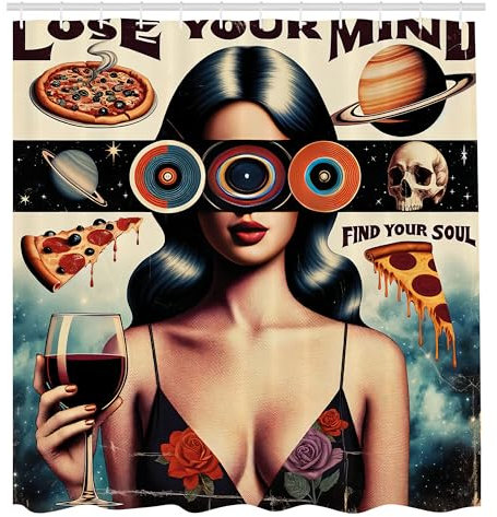 ABAKUHAUS Vintage Duschvorhang, Retrospektives Groovy Lose Your Mind Lettering Frau Galaxie Schädel Pizza, Stoffliches Gewebe mit Haken, 175 x 200 cm, Tan Eierschale Mehrfarbig