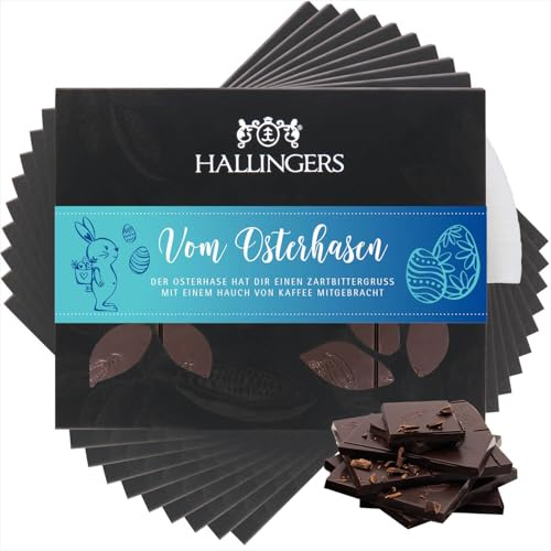 Hallingers Genuss Manufaktur Vegane Schokolade Oster-Geschenk - Tafel handgeschöpfter Edelkakao ohne Alkohol edler Karton 10x Vom Osterhasen Kaffee, Ostern Körbchen für Frauen Männer