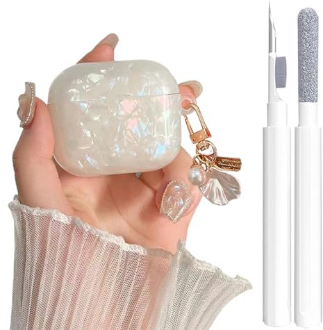 Cover Girl Women's Cute Airpods 3rd Gen Case with Cleaner Pen, Shell Pattern, Luxury Pearl Keychain, Colorful