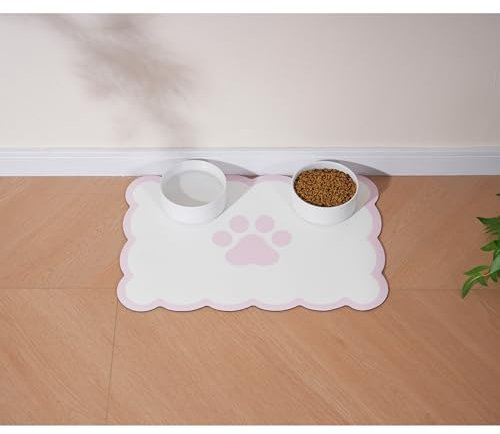 Ralxion Tapis d'alimentation festonné pour chien, tapis absorbant pour gamelle d'eau et de nourriture pour chien, distributeur, mignon, élégant, esthétique, Preppy rose pastel festonné pour chiens,