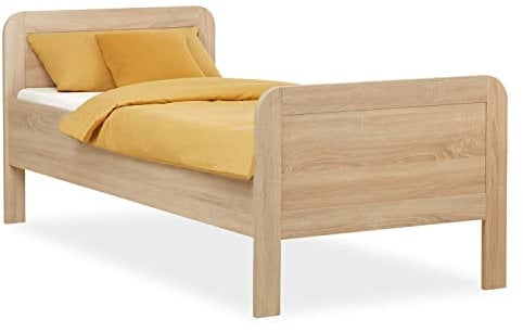Homestyle4u Einzelbett mit Lattenrost Holzbett 90x200 Komfortbett Eiche Braun Single Bett Senioren Komforthöhe