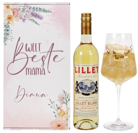 Herz & Heim® Geschenkset für die Weltbeste Mama mit graviertem Glas, Geschenkbox und Lillet (Blanc)
