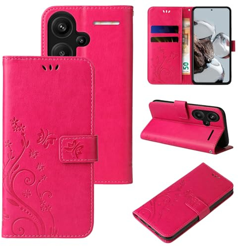LBH Handy Hülle für Xiaomi Redmi Note 13 Pro+ 5G Case Handytasche Schmetterling Blumen Flower Standfunktion Schutzhülle Magnet Rundum Schutz 360 Grad Flipcase Cover Pink