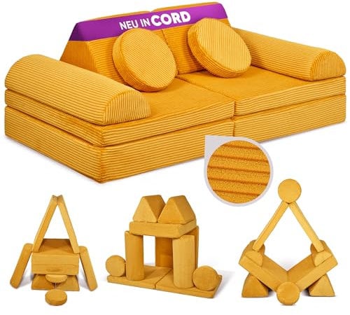 Linodino® Spielsofa Cord Fantasiewelt, Kindersofa-Bausteine - Stapelsteine für Kinder - Kindercouch, Sofa-Kuschelecke | Schaumstoff-Softbausteine | Oeko-TEX 100 Zertifiziert | Gänseblümchen Gelb