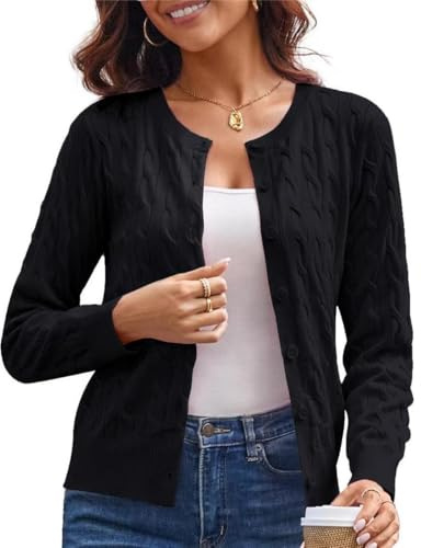 GRACE KARIN Women's Cable Knit Cardigans Crew Neck Lightweight Long Sleeve Crop Knitwear Crochet Button Up Cardigan Jumper Shrug