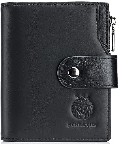 SCHLATUM Mens Leather Wallet Bifold RFID Blocking Vertical Large Capacity with Zipper Coin Pocket 2 ID Windows 17 Card Slots, Black