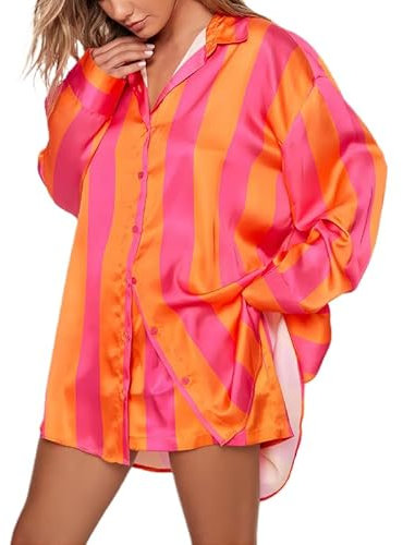 WLHHBO Ensemble 2 pièces à rayures pour femme - Manches longues - Chemisier boutonné - Pyjama vichy - Tenue de vacances d'été, T-rose + orange, M
