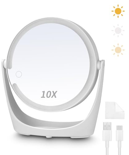 Exyvox Miroir Grossissant Lumineux, 1X/10X Grossissant Miroir Maquillage, éclairage 3 Couleurs Lumière Réglable Miroir Cosmétique Portable, Miroir sur Pied Maquillage pour Chambre et Salle de Bain.