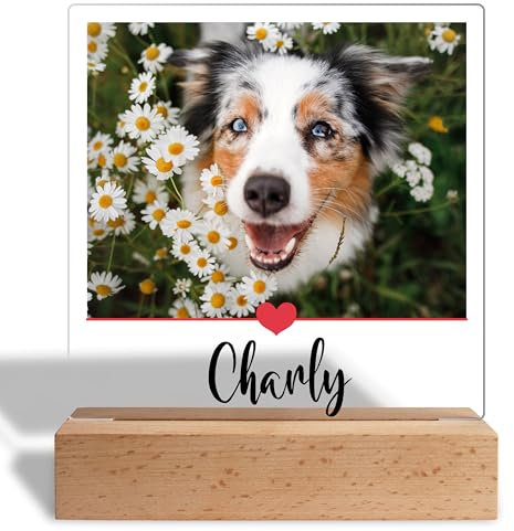 Personalisiertes Foto Geschenk für Hundebesitzer: Acrylaufsteller mit eigenem Bild, Geschenke für Hundeliebhaber Gedenktafel Haustiere- Acrylglas inkl. Holzsockel - 15x18 cm (Herzlinie)