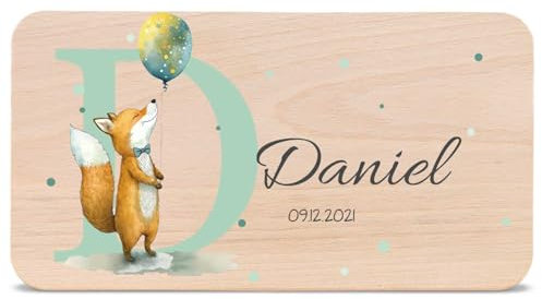 GRAVURZEILE - Bedrucktes Frühstücksbrettchen aus Holz - Initial - Personalisiert mit Namen - Lebensmittelechter umweltfreundlich zertifizierter Druck (GreenGuard Gold) - Farbe: Fuchs