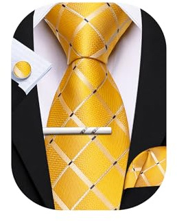 Barry.Wang Gestreifte Krawatte mit Krawattenklammer für Herren, Seidenkrawatte, Einstecktuch, Manschettenknöpfe, Set, formell, Business, Hochzeit, Party, gelb, Einheitsgröße