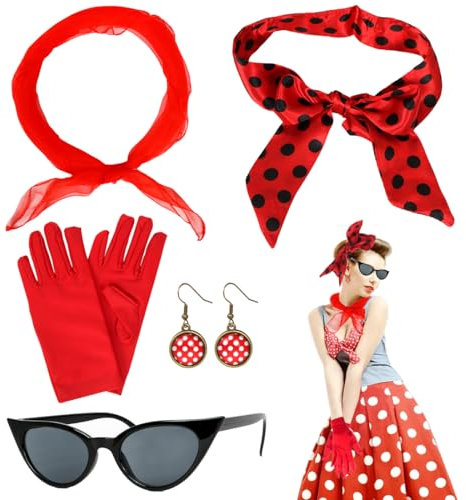 5TLG Rockabilly Accessoires - 50er Jahre Damen Kostüm Set mit Schal, Sonnenbrille, Handschuhe für Fasching, Karneval, Halloween, Cosplay