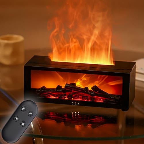 Holwim Fireplace Essential Oil Diffuser, Aromatherapy Diffuser, 150ml Ultrasonic Cool Mist Humidifier, 7 Colors Firelight Flame Diffusers with Remote, Waterless Auto-Off & Timer for Home Office(Black)
