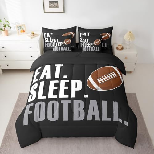 Feelyou Football Comforter Set with Sheets Twin Size Rugby Sports 7 Pieces Bedding Set for Kids Boys Girls Teens Black Sports Ball Game Bed in a Bag Gift for Football Lover Bed Set