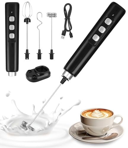 Frustino Montalatte Elettrico,Frullino Montalatte Pieghevole,Frullino Elettrico USB Ricaricabile Schiumatore Latte,3 velocità Regolabili con 3 Frullino,con Ricarica USB-C,per Cappuccino,Caffè,Matcha