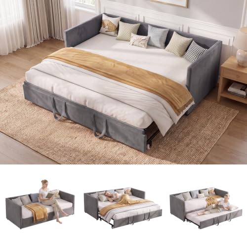 FOERPL Schlafsofa 90/180 x 200 cm, 2-Sitzer Schlafcouch aus Samt, Einzelbett, ausziehbares Bettgestell, gepolstertes Bett, Schlafsofa für 2 Personen (Grau A)