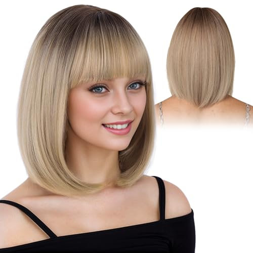 DKDDSSS Ombre Blonde Bob Perruque avec Frange Courte Perruque Droite pour Femmes, Perruques Courtes et Droites, Perruques de Cheveux Synthétiques Cosplay Utilisation Quotidienne de la Fête