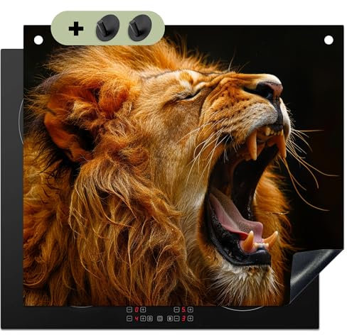 KitchenYeah© Herdabdeckplatte 60x52 cm Einteilig Ceranfeld Abdeckplatte Küche Deko Ceranfeldabdeckung Herdabdeckung Induktionsmatte, Spritzschutz Herd Löwe - Braun - Tier - Schwarz