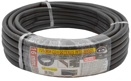 S&M 545023 – Tubería negra de polietileno Ø 16 mm con goteros integrados cada 50 cm para riego por goteo – rollo de 25 metros | Los goteros riegan entre 2 y 4 L/hora según la presión