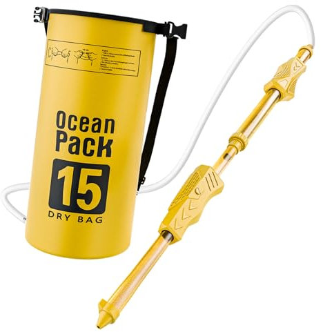 Pistolas de agua para niños, pistola de agua de largo alcance con tanque de mochila (15 L), color amarillo, PVC, juguetes de verano para playa, piscina, patio y exterior. Pistola de con tanq