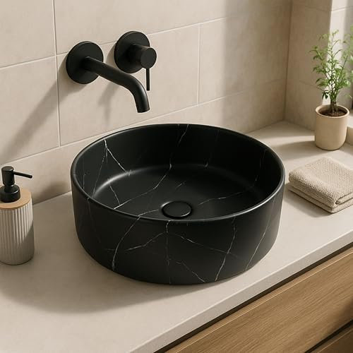 Norbe | TEIDE | Lavabo 40 cm diam. in Ceramica tondo | Lavandino Bagno Forma Rotonda diametro 40 cm x 40 cm (Marmo Nero)