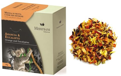 Meridiani® | Arancia Eucalipto Miscela per Infuso | Tisana Arancia Eucalipto Ibisco Rosa Canina Limone Senza Caffeina - (80 Gr) | Miscela Fruttata Gusto Delicato