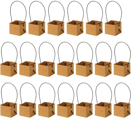 Lpitoy 20 Pcs Kraft Paper Flower Gift Bags, Brown Succulent Gift Bag Box with Handle, Small Succulent Carrier Bags for Floral Arrangements, Party Favor