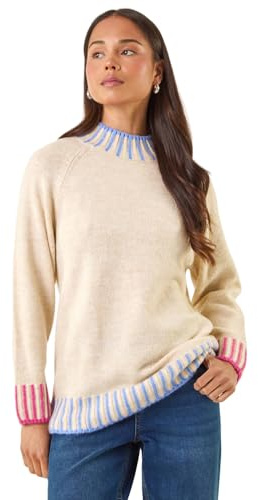 Roman Petite Contrast Detail Knit Jumper for Women UK - Ladies Everyday Autumn Winter High Neckline Comfy Soft Evening Vacation Work Party Night Out - Petite Stone - Size 14