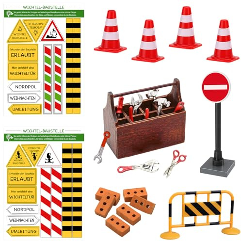 21 Stück Wichtel Zubehör Baustelle Set Einzug, FUKPO Miniatur Wichtel Zubehör Weihnachten 1 12, Weihnachtswichtel Deko Party Wichteltür Werkzeugkasten Werkzeugkiste Verkehrsschilder DIY
