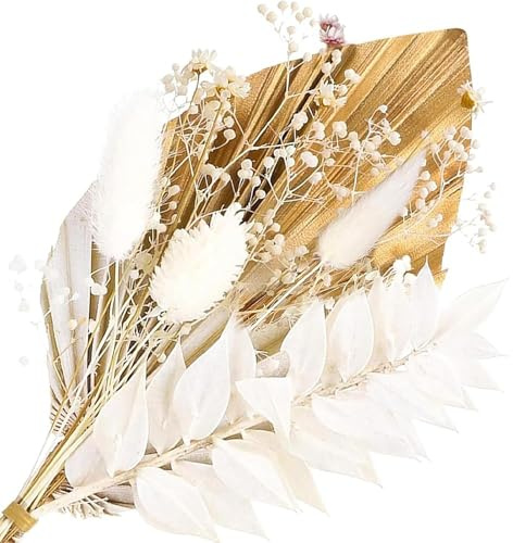 Shirene Trockenblumen,Trockenblumen für Torten,Boho-Trockenblumenstrauß für Tortendekorationen,Goldene Palmenblätter & Weiße Hasenschwänze,Natürlicher Tortenaufsatz für Hochzeiten,Geburtstage,Partys