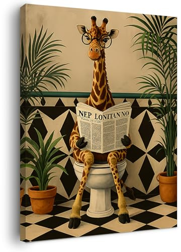 Alptiny Badezimmer Gerahmte Wanddekoration, 30 × 40 cm Verspielte Giraffe beim Zeitunglesen Leinwanddruck, ideal für die Badezimmer Dekoration Inklusive Haken