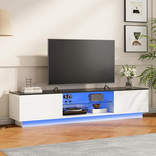 HFASD Mueble TV 140 cm, Mesa TV con Luces LED, para TV de hasta 60 Pulgadas, Mueble Tele con 2 Puertas y 2 Estantes Abiertos, Estilo Moderno, para Salón, Dormitorio, Blanco (140 cm)