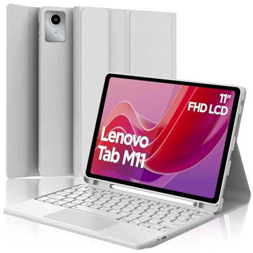 Funda con Teclado para Lenovo Tab M11 11 Pulgadas, Teclado Bluetooth Inalámbrico con Trackpad, Funda Protectora con Ranura para Bolígrafo para Tablet Lenovo Tab M11 2024 11 Pulgadas-Gris Claro