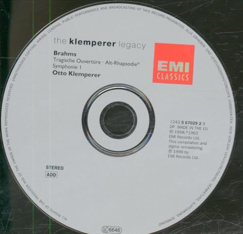 The Klemperer Legacy: Brahms: Sinfonie 1. Tragische Ouvertüre. Alt-Rhapsodie