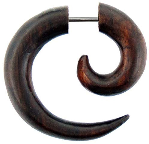 CHICNET Damen Herren Fake Piercing Spiralen Dehnschnecke Ohrring aus Holz und Edelstahl als Spirale oder spiraliger Spike OH-100