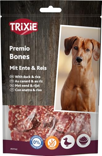 Trixie PREMIO 80g Rice Duck Bones | Schmackhafter Snack für jeden Tag – glutenfrei, ohne Zuckerzusatz, ideal für zwischendurch, mit hohem Fleischanteil