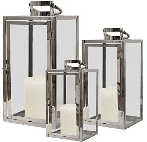 Mojawo Edles XL 3tlg. Laternen-Set H53/40/30cm Edelstahl mit Griff Echtglasfenster Laterne Windlicht Gartenlaterne Kerzenhalter Gartenbeleuchtung