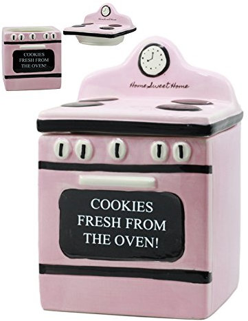 Ebros Cookies Fresh From Oven! Ceramic Vintage Pink Oven Cookie Jar With Seal Tight Lid Decorative 7.25Tall Kitchen Accessory Figurine