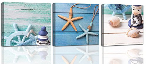 Feeby Quadro su Tela multipannello Conchigilie 120x40 cm 3 Parti Stampa Murale Fotografia Decorazione da parete Immagini Moderni per Soggiorno Camera da Letto Ufficio Cucina Blu