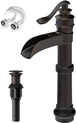 Bathlavish Grifo alto para lavabo de baño color bronce aceitado y negro con un solo mango con desagüe desplegable sin desbordamiento de cascada montura para grifo mezclador de un agujero sin plomo