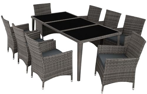 TecTake® Conjunto Jardín Exterior de Ratán y Aluminio, Muebles Jardín Exterior Resistente a la Intemperie, 8 Sillas con Cojines, 1 Mesa con Cristal, 2 Juegos de Fundas y Funda Protectora - Gris