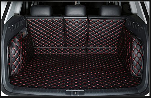 FHJBP Passgenaue Kofferraum-Bodenmatte für Jeep Wrangler 4-Türer (kein Subwoofer auf der rechten Seite des Kofferraums, schwarz mit roter Naht)