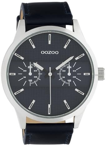 Oozoo Herrenuhr Chrono Look mit Lederband 48 MM Silberfarben/Blau C10536