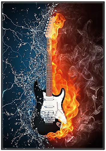 Wallario Wandbild - Feuer-Wasser-Gitarre in Premiumqualität, Poster mit schwarzem Rahmen, Größe: 70 x 100 cm