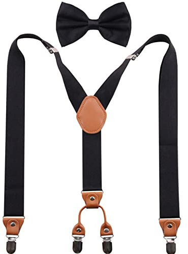 GUCHOL Men Suspenders Bow Tie Shaped Heavy Duty with Strong Metal Clips Adjustable Elastic Wide Suspenders