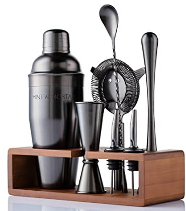 Mint&Mortar 7-teiliges Cocktail-Shaker-Set mit Bambusständer, Edelstahl-Mixologie, Barkeeper-Kit mit Bar-Werkzeugen für Zuhause & Profis, großartige Martini/Margarita, 680 ml, Mixer (Gunmetal Black)