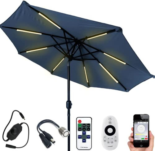 Eclairage LED pour parasol avec batterie | Bandes LED de 70 cm | Set complet pour 8 bras de parasol | Lumière blanche chaude | Boîte étanche, batterie et variateur sans fil 4 zones (RF) inclus